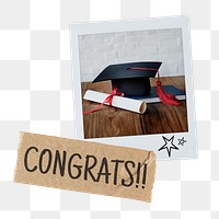 Education congrats! png instant photo, graduation cap, scroll image, transparent background
