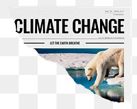 Climate change png ripped newspaper sticker, polar bear walking on ice image, transparent background