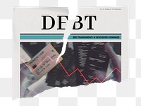 Debt newspaper png sticker, finance concept, ripped paper on transparent background