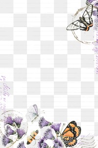 Png flower and butterfly border frame, vintage illustration, transparent background