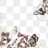 Png flower and butterfly border frame, vintage illustration, transparent background