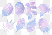 Dreamy pastel png leaves sticker, aesthetic pink glittery set on transparent background