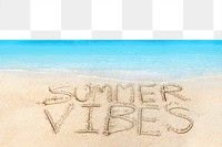 Summer vibes png transparent background, typography on sand