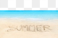 Summer png transparent background, typography on sand