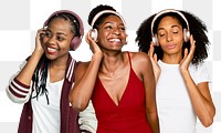 Png women listening to music sticker, transparent background