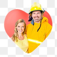 Fireman with wife png badge sticker, transparent background