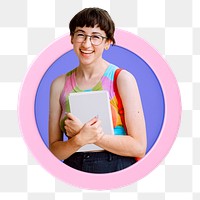 Smiling student png badge sticker, transparent background