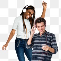 Png couple listening to music sticker, transparent background