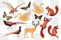 Vintage animal png sticker set, transparent background