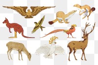 Vintage animal png sticker set, transparent background