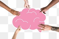 Brainstorming png hands holding brain sticker, transparent background