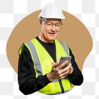 Png engineer using phone badge sticker, career photo in blob shape, transparent background