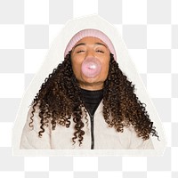 Woman with bubblegum png paper cut out sticker, transparent background