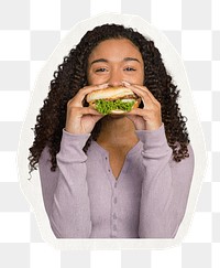 Woman eating hamburger png collage element, transparent background 