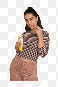 Png woman eating french fries sticker, transparent background 