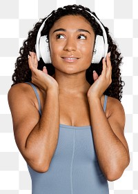 Png woman listening to music sticker, transparent background