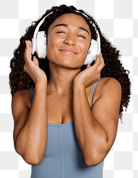 Png woman with headphones sticker, transparent background