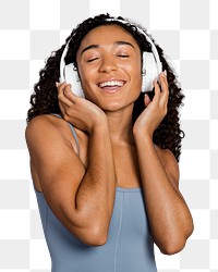 Png woman listening to music sticker, transparent background