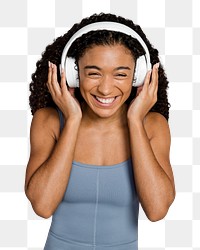 Png woman with headphones sticker, transparent background