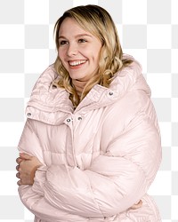 Woman in puffer jacket png sticker, transparent background