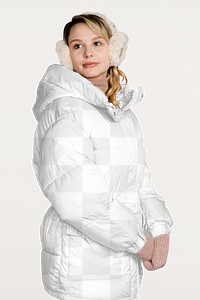 Down jacket png mockup, women's winter fashion, transparent design