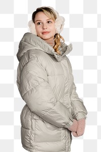 Woman in puffer jacket png sticker, transparent background