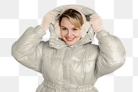 Png woman in down jacket sticker, transparent background