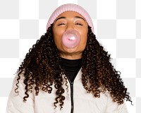 Png woman with bubblegum sticker, transparent background