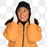 Png woman in down jacket sticker, transparent background