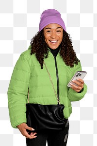 Woman with phone png sticker, transparent background