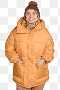 Woman in puffer jacket png sticker, transparent background