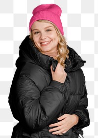 Png woman in down jacket sticker, transparent background