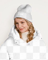 Png jacket & beanie mockup, winter fashion, transparent design