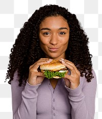 Woman eating hamburger png sticker, transparent background 