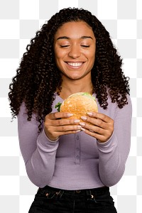 Woman eating hamburger png sticker, transparent background 