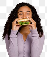 Woman eating hamburger png sticker, transparent background 