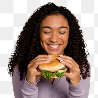 Png woman eating hamburger sticker, transparent background 