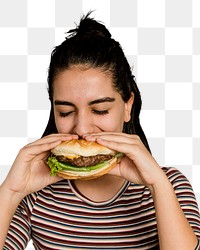 Png woman eating junk food sticker, transparent background 