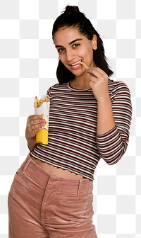 Png woman eating junk food sticker, transparent background