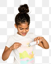 Png kid's dental hygiene, girl putting toothpaste on toothbrush, transparent background 