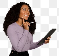 Woman using tablet png sticker, transparent background