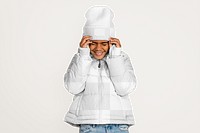 Png kid's winter outfit mockup, beanie & jacket, transparent design