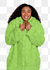 Png woman wearing green coat sticker, transparent background
