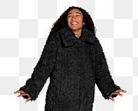 Png woman wearing teddy coat sticker, transparent background