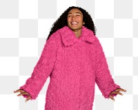 Png woman wearing pink coat sticker, transparent background