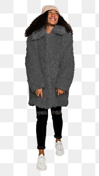 Png woman wearing teddy coat sticker, transparent background