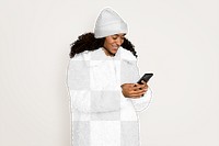 Png women's winter outfit mockup, beanie & jacket, transparent design