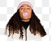 Png woman with bubblegum sticker, transparent background