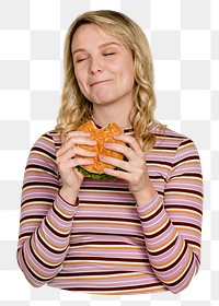 Hamburger png sticker, woman eating lunch, transparent background 