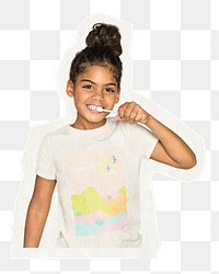 Girl brushing teeth png sticker, transparent background 